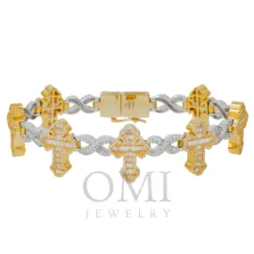 10K GOLD TWO TONE BAGUETTE AND ROUND DIAMONDS CROSS INFINITY CHAIN BRACELET 7.28 CT