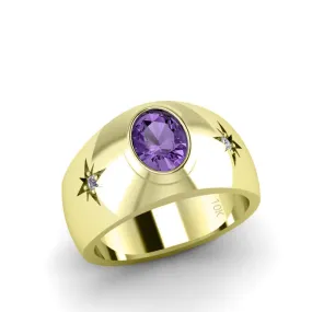 10K Yellow Gold 0.06ct Diamonds Vintage Men's Ring with Amethyst Gemstone Gift for Husband