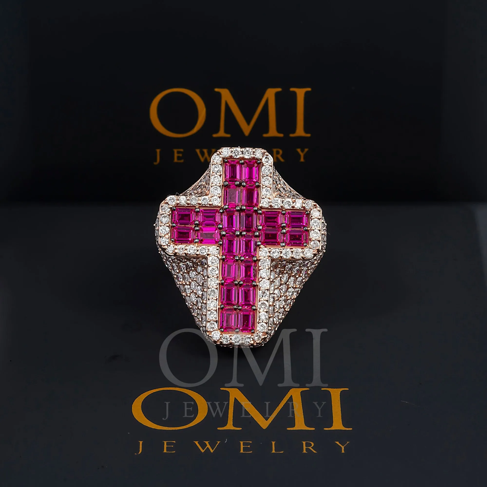 14K GOLD BAGUETTE DIAMOND AND RUBY GEMSTONE CROSS STATEMENT RING 9.27 CTW