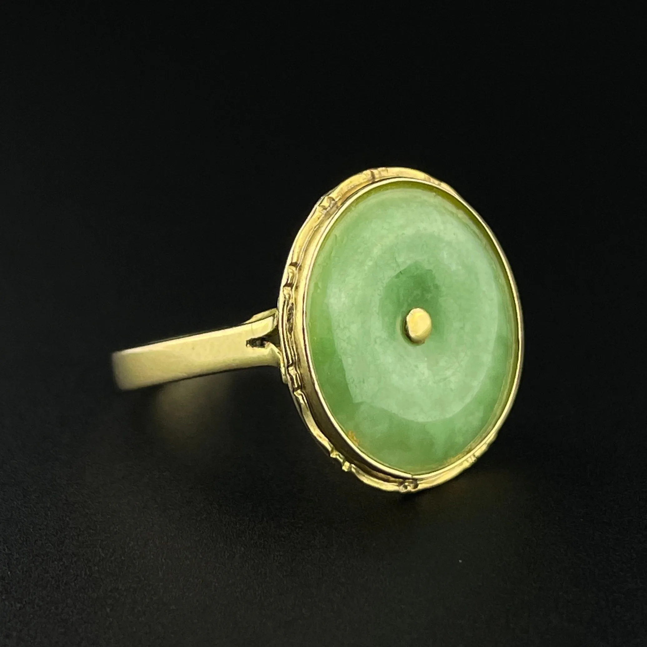 14K Gold Jade Disc Vintage Statement Ring, Sz 6