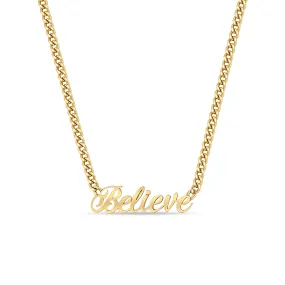 14k Gold Script Letter Believe Small Curb Chain Necklace