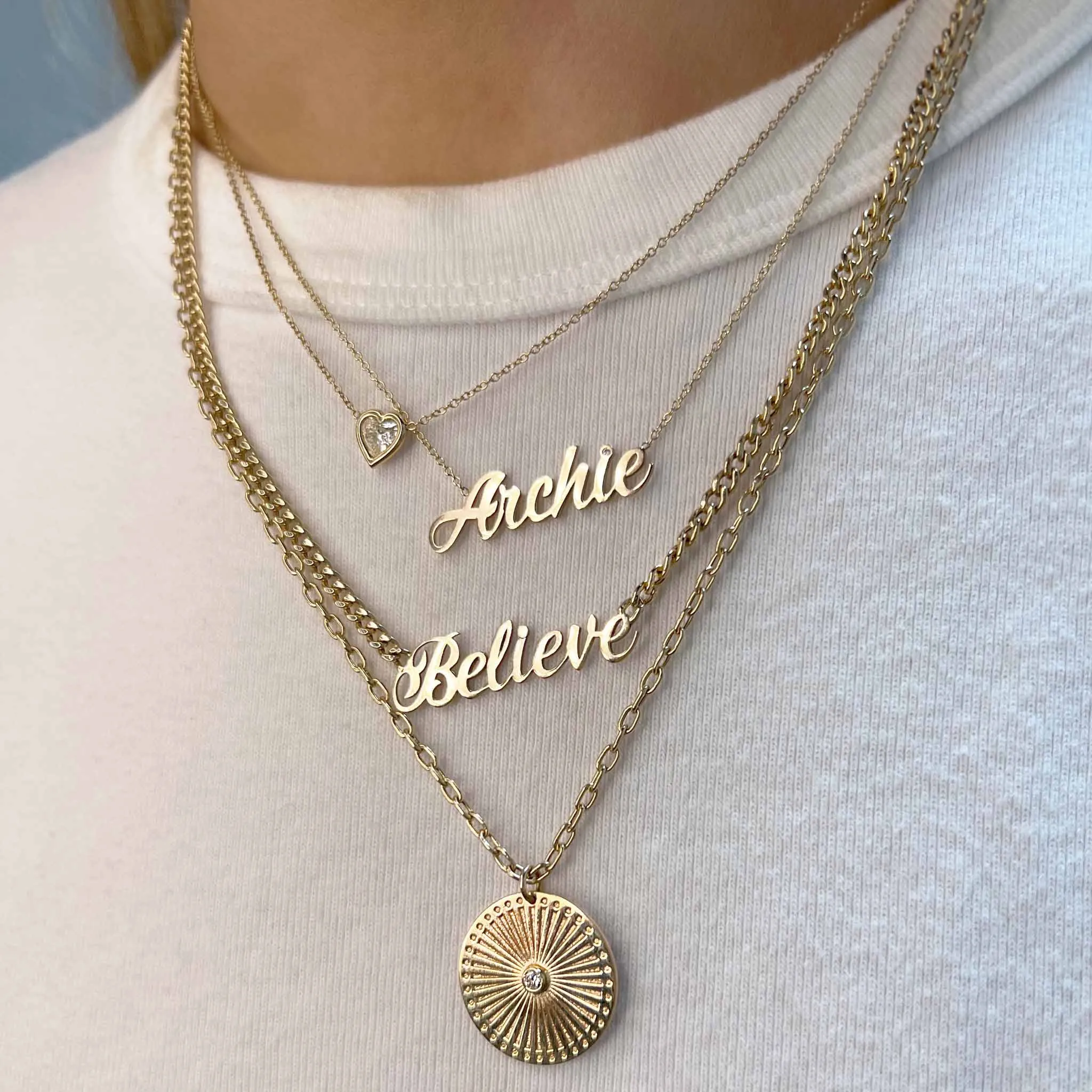 14k Gold Script Letter Believe Small Curb Chain Necklace