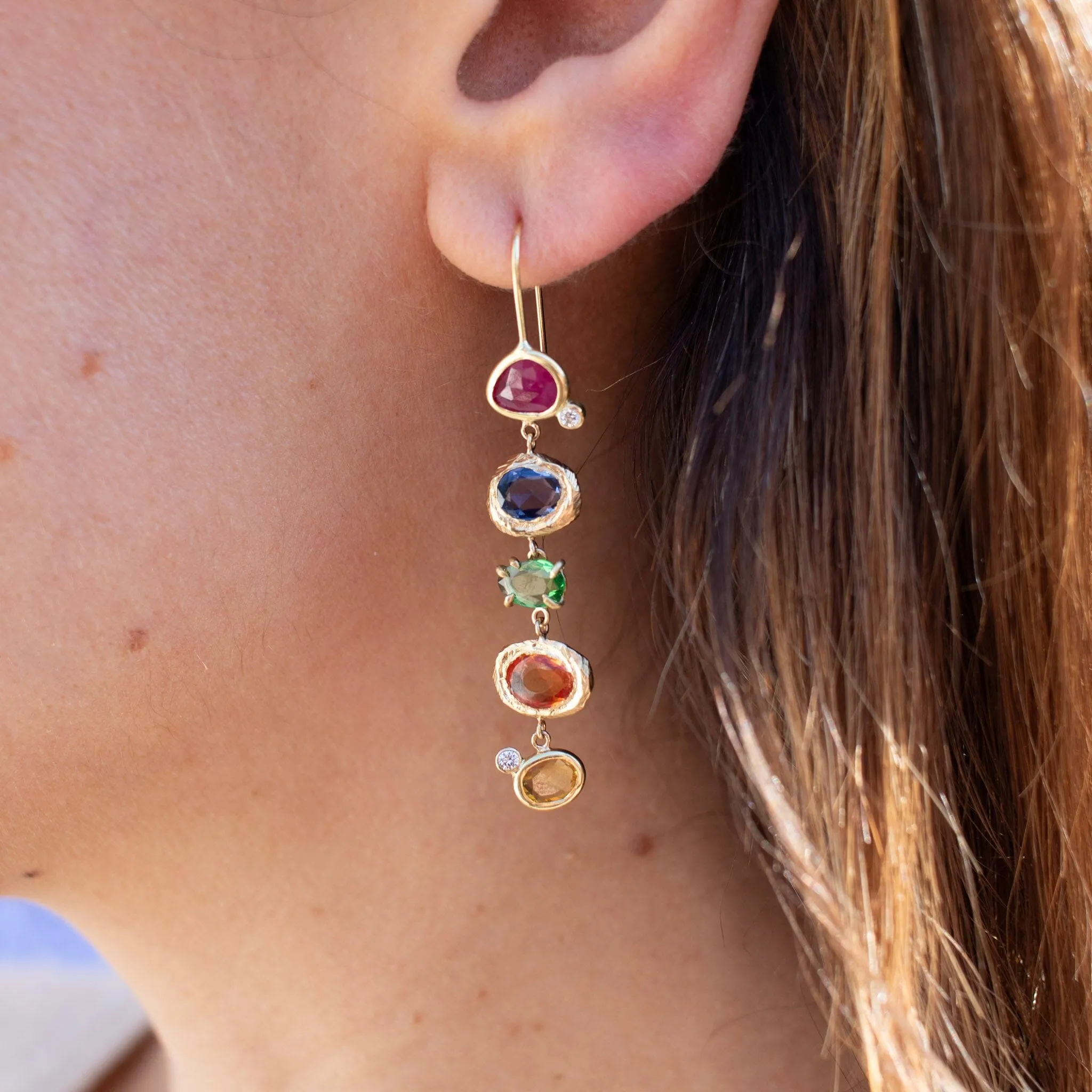 18K Rainbow Sapphire Drop Earrings with Diamonds