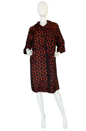 1950s Black Silk w Red Embroidered Floral Detail Swing Coat