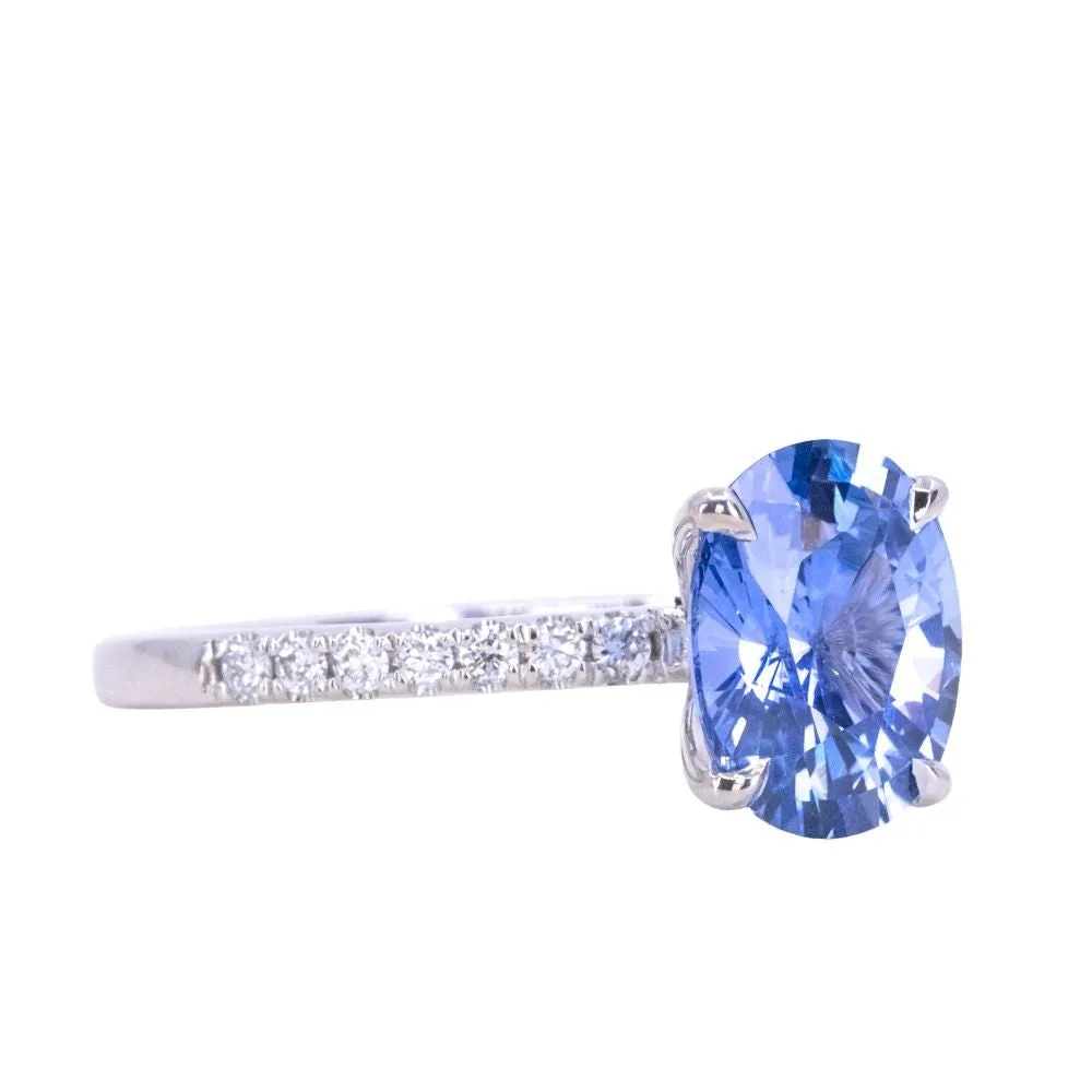 2.09ct Oval Madagascar Sapphire and French Set Diamond Solitaire in 14K White Gold