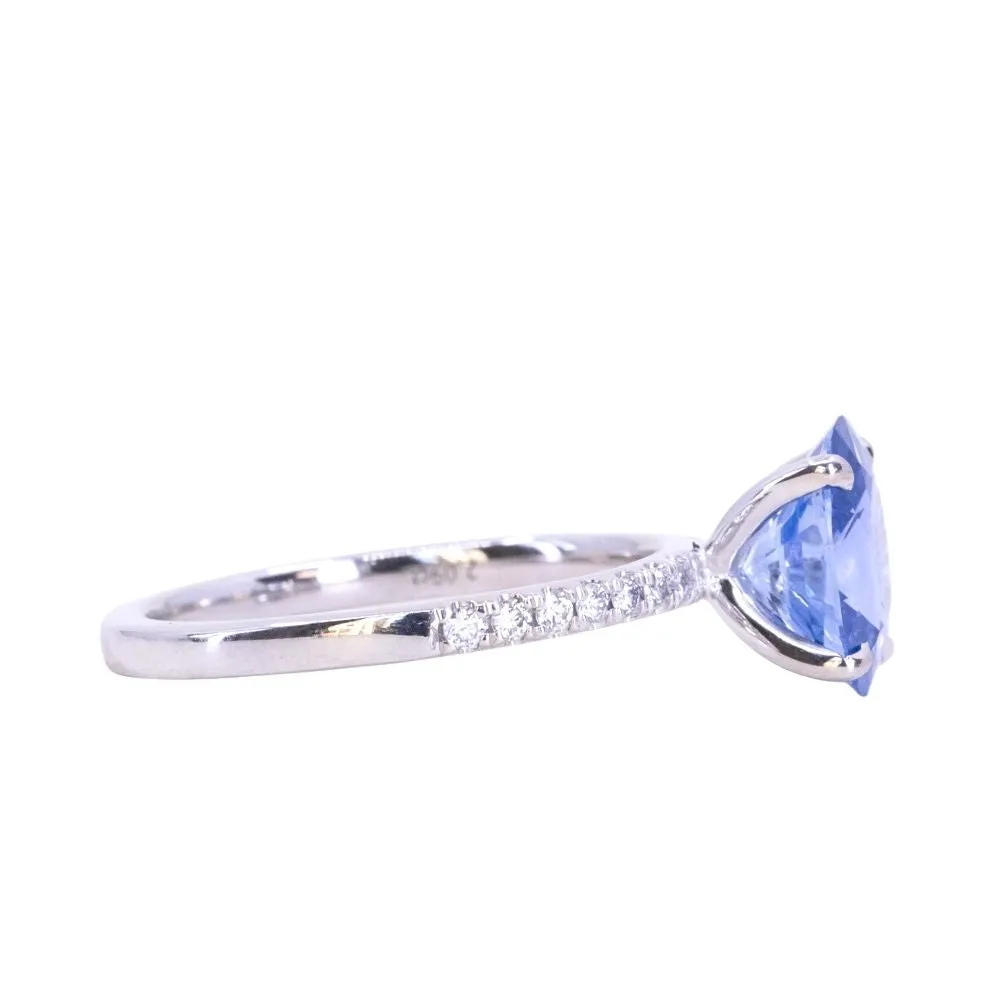 2.09ct Oval Madagascar Sapphire and French Set Diamond Solitaire in 14K White Gold