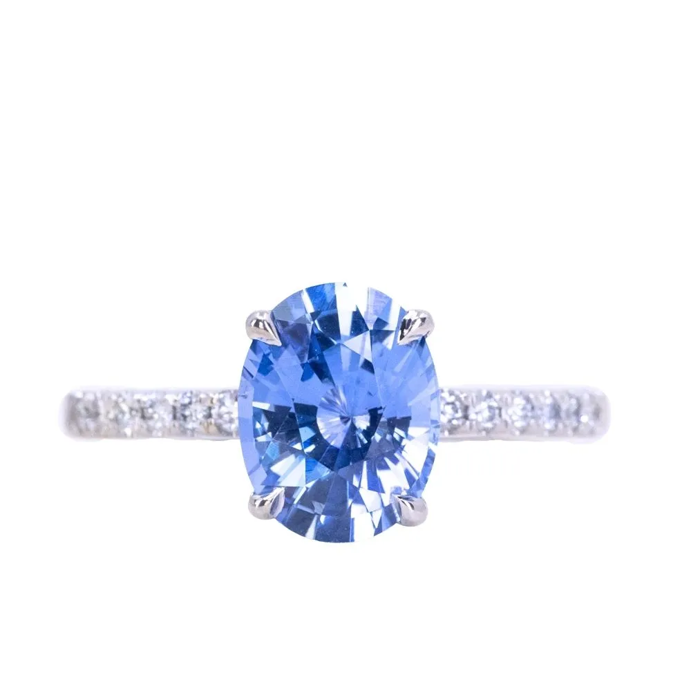 2.09ct Oval Madagascar Sapphire and French Set Diamond Solitaire in 14K White Gold