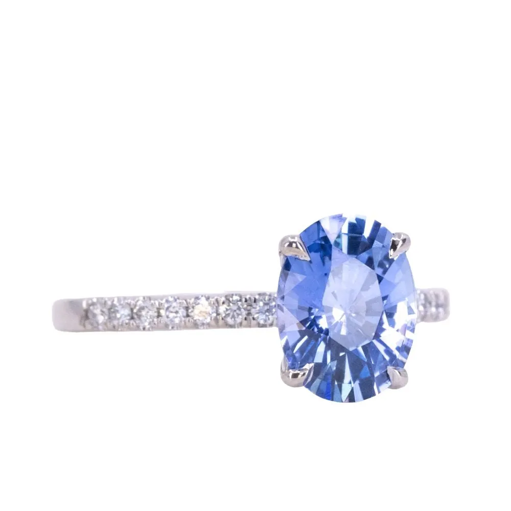 2.09ct Oval Madagascar Sapphire and French Set Diamond Solitaire in 14K White Gold