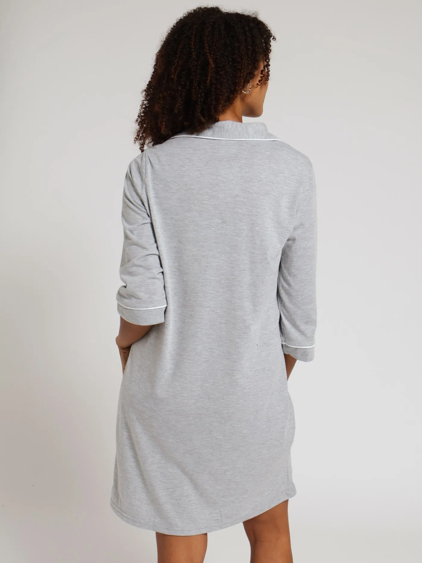 3/4 Sleeve Button Through Lace Sleepshirt - Grey Melange