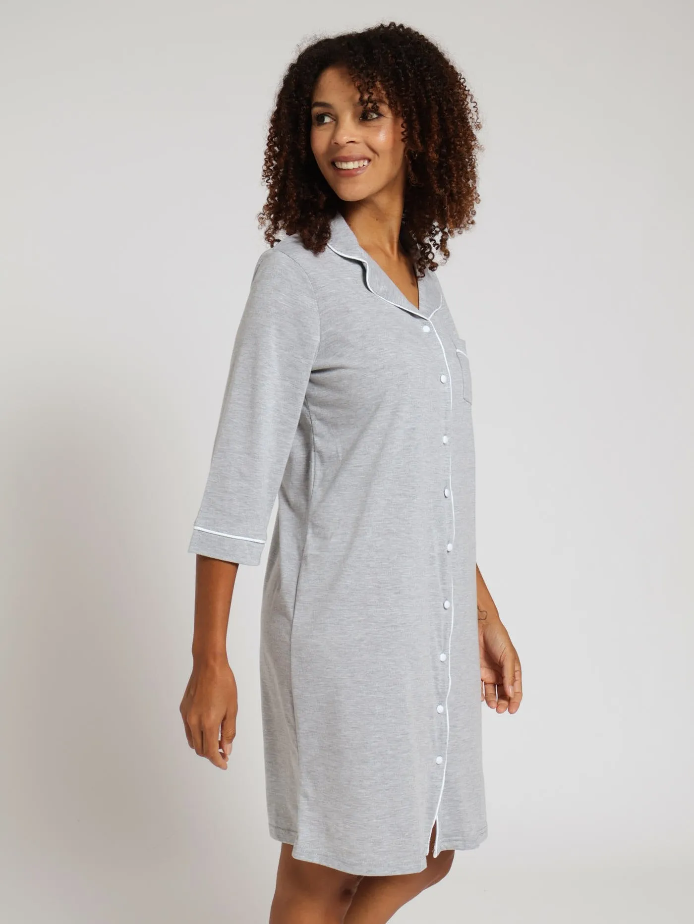 3/4 Sleeve Button Through Lace Sleepshirt - Grey Melange