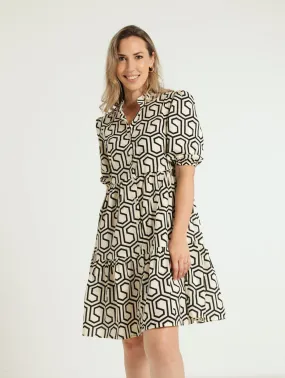 3/4 Sleeve Tiered Button Through Geo Print Dress - Black/Beige