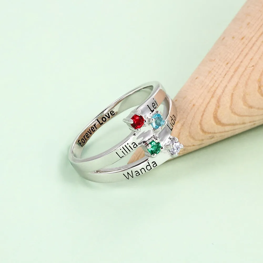 4 Names & Birthstone Personalized Ring For Women