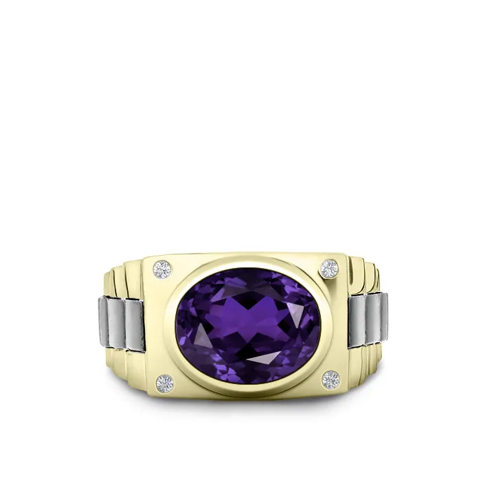 925 Sterling Silver Diamond Ring for Man Gold Plated Band 12x10 mm Oval Amethyst Male Gift