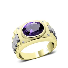 925 Sterling Silver Diamond Ring for Man Gold Plated Band 12x10 mm Oval Amethyst Male Gift