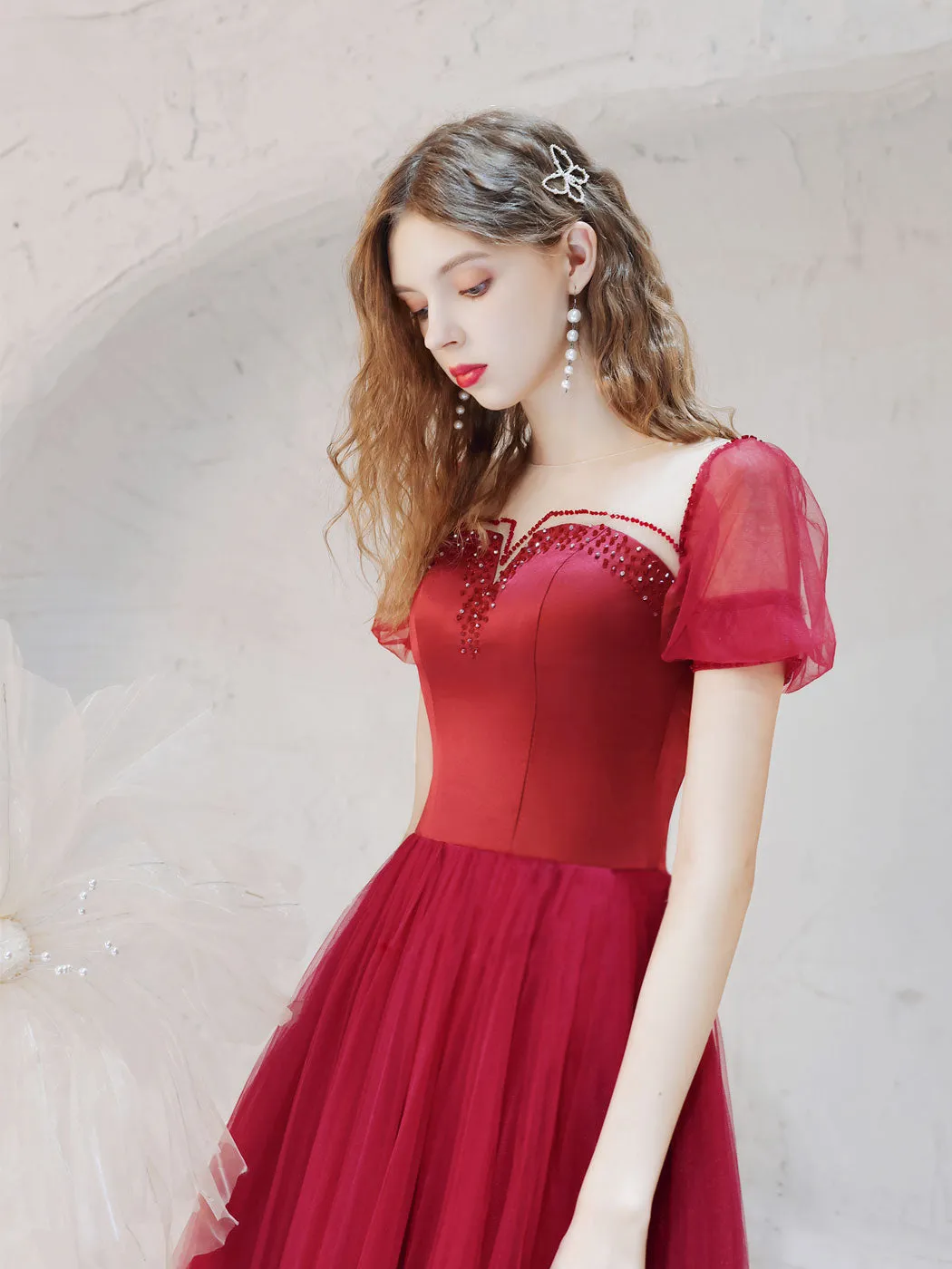 A-Line Burgundy Long Prom Dresses, Tulle Burgundy Evening Dresses with Beading