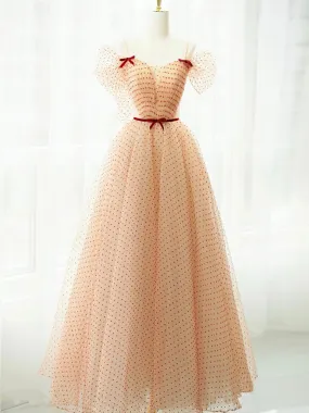 A-Line Champagne Tulle Long Prom Dress, Champagne Long Formal Dress