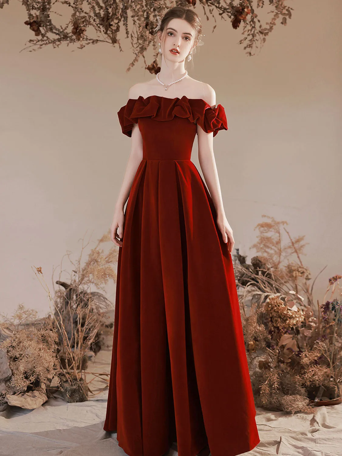 A-Line Off Shoulder Velvet Burgundy Long Prom Dress, Burgundy Evening Dresses