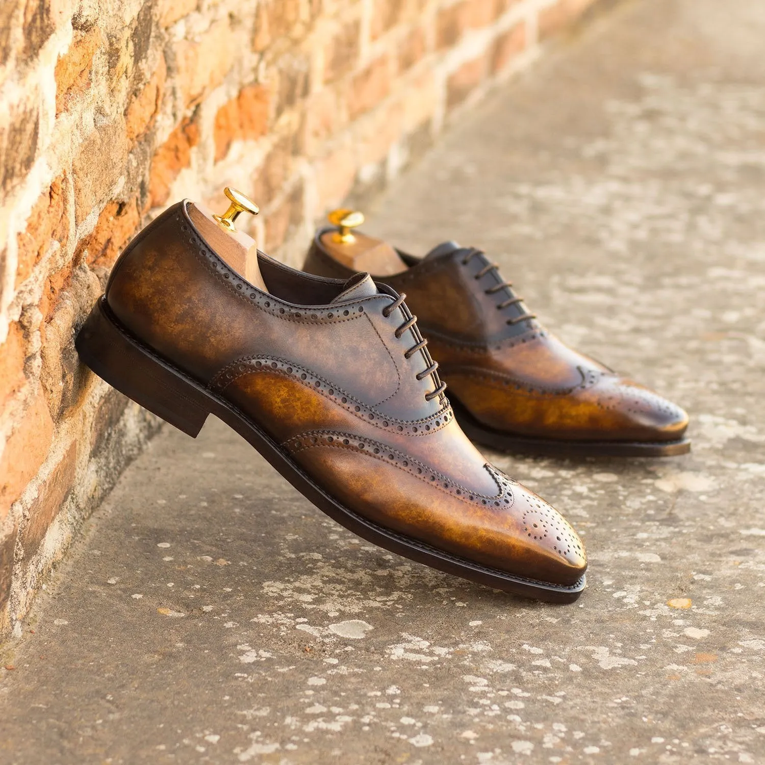 Ambrogio Bespoke Custom Men's Shoes Cognac & Brown Patina Leather Wingtip Oxfords (AMB1875)