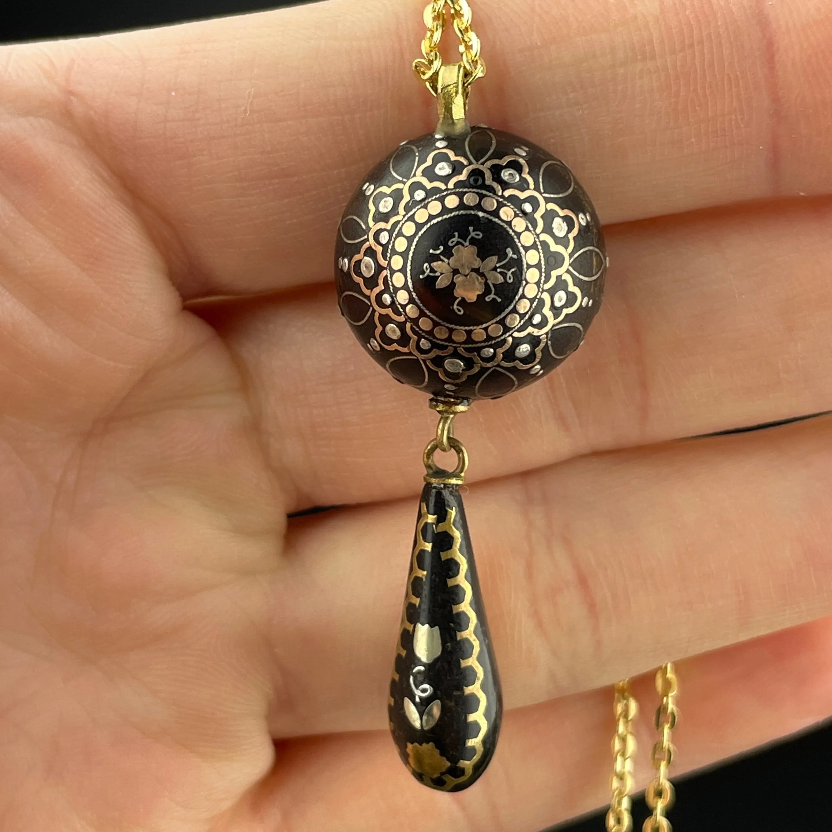 Antique Victorian Gold Inlay Pique Pendant Necklace