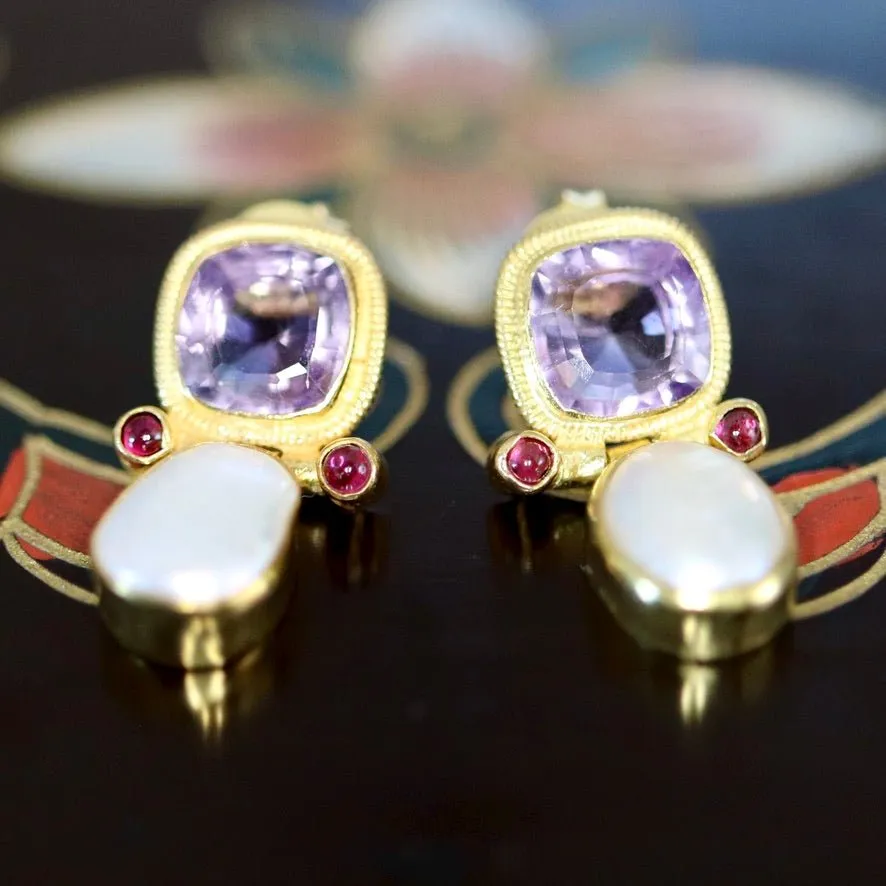 Arnsworth Castle 14k Gold, Amethyst, Pearl and Garnets Earrings