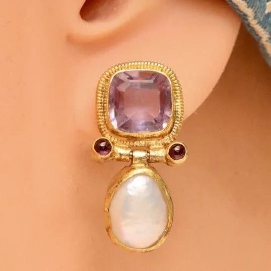 Arnsworth Castle 14k Gold, Amethyst, Pearl and Garnets Earrings