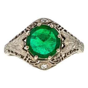 Art Deco Filigree Emerald Ring, 2.20ct