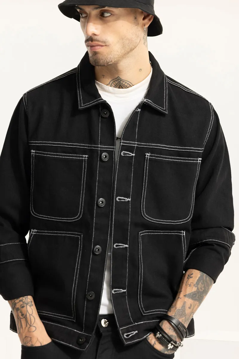 Arte Black Contrast Stitch Black Denim Jacket