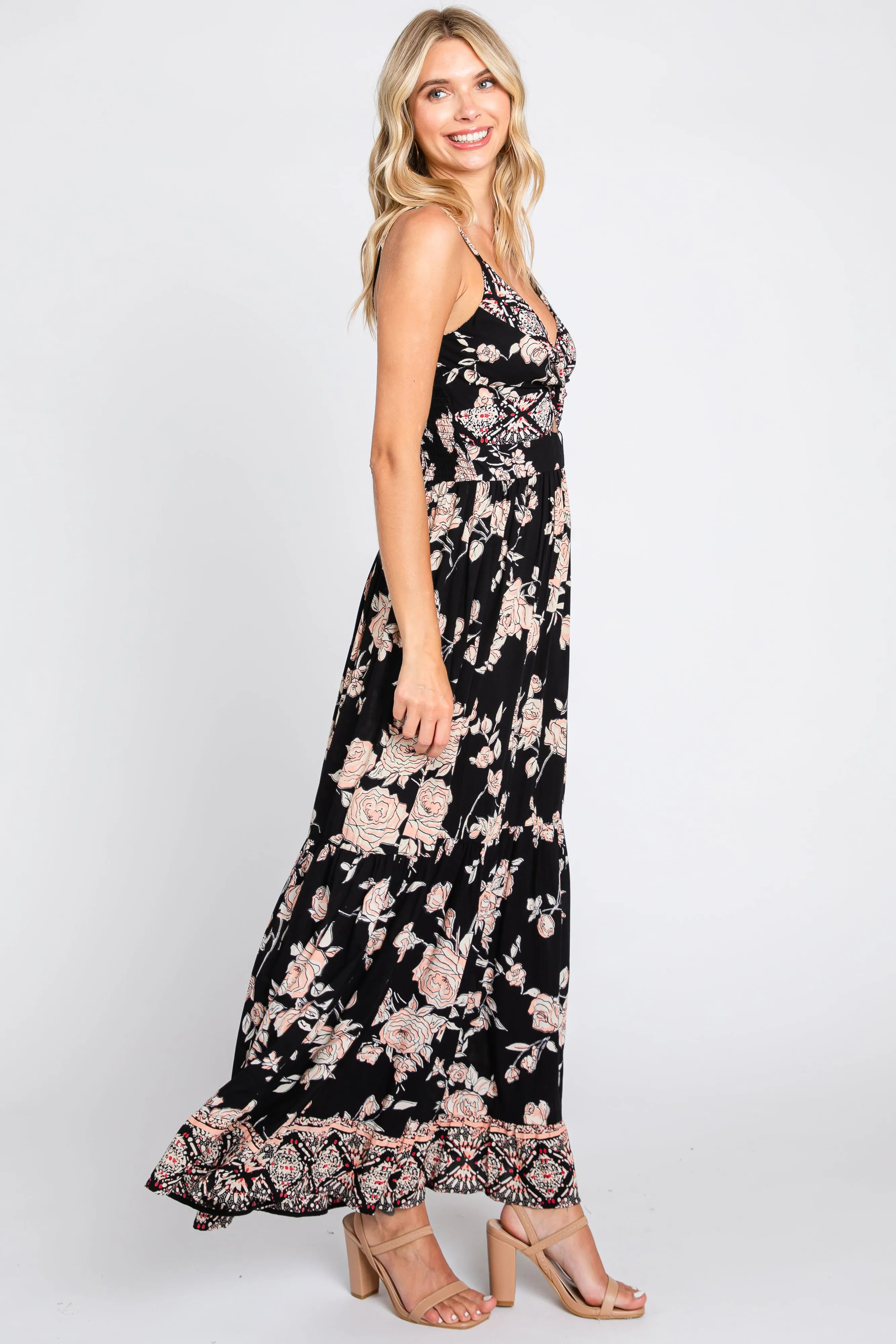 Black Floral Border Print Front Twist Maxi Dress