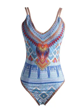 Blue Printed Halter One-piece Swimsuit