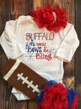 Buffalo football shirt -- Buffalo girls like bling bodysuit set with ruffled football leg warmers and headband-- Bills Football shirt