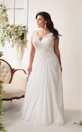 Cap-sleeve Lace Chiffon Floor-length plus size wedding dress With Criss cross-708464