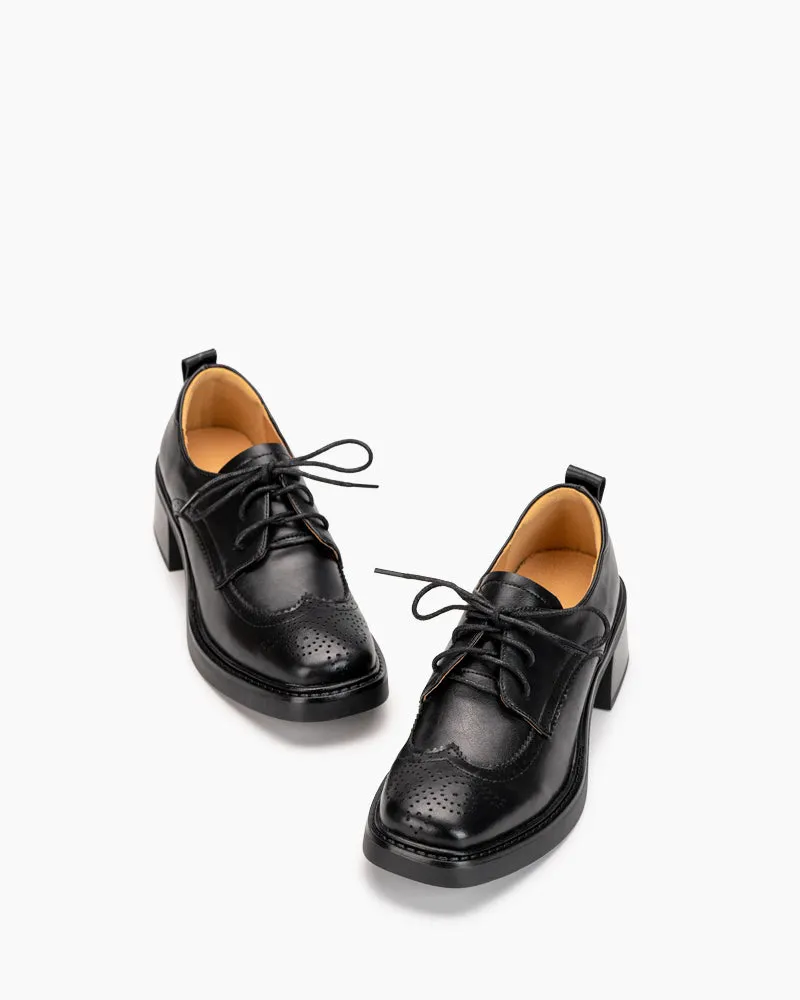 Carved Wingtip Brogues Lace-up Chunky Heel Oxford