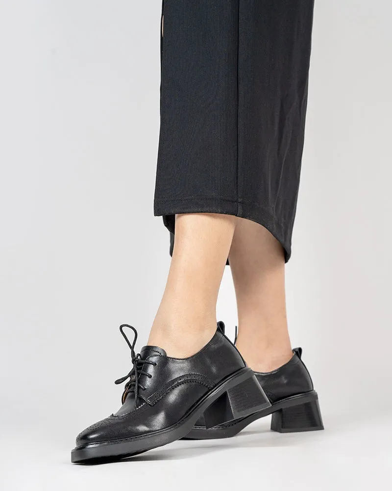 Carved Wingtip Brogues Lace-up Chunky Heel Oxford