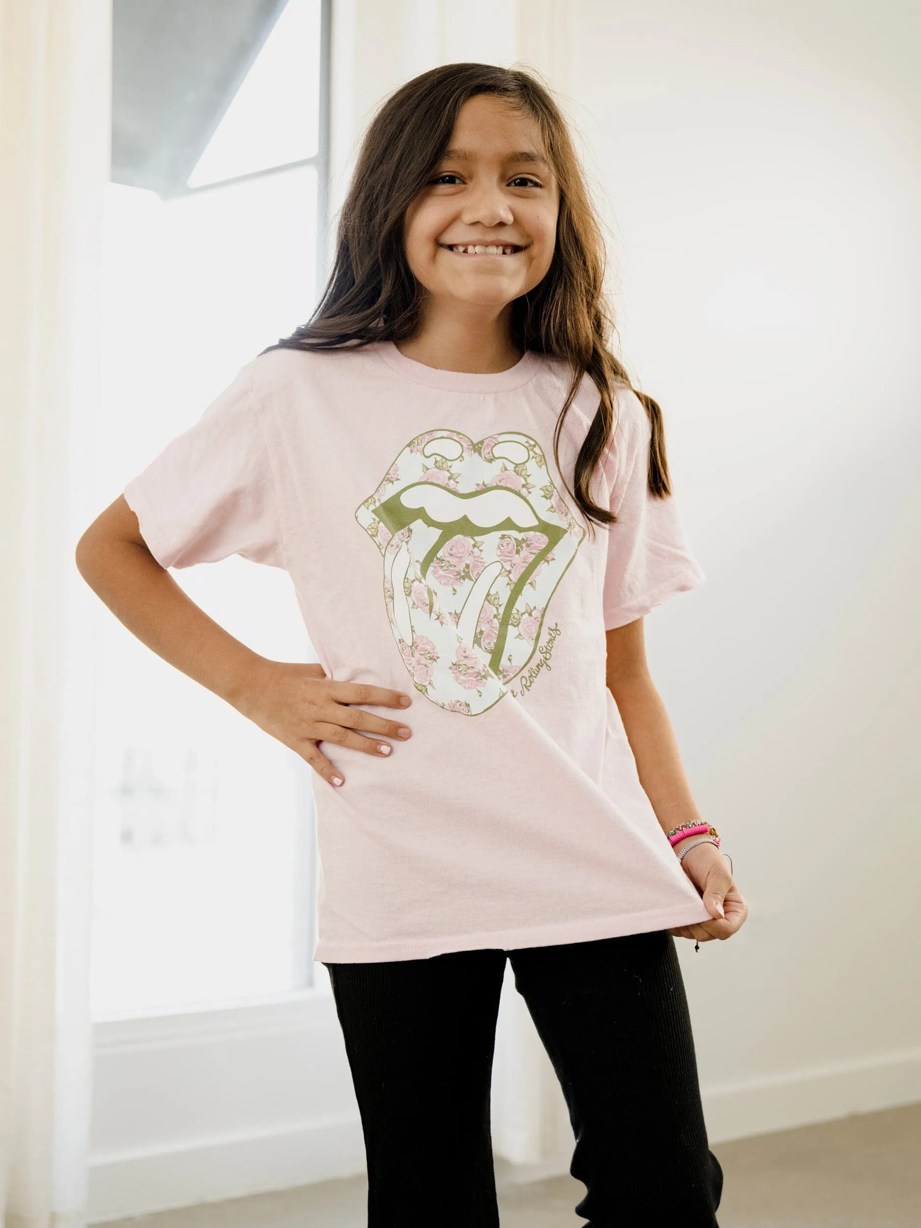 Children's Rolling Stones Floral Lick Pink Thrifted Tee