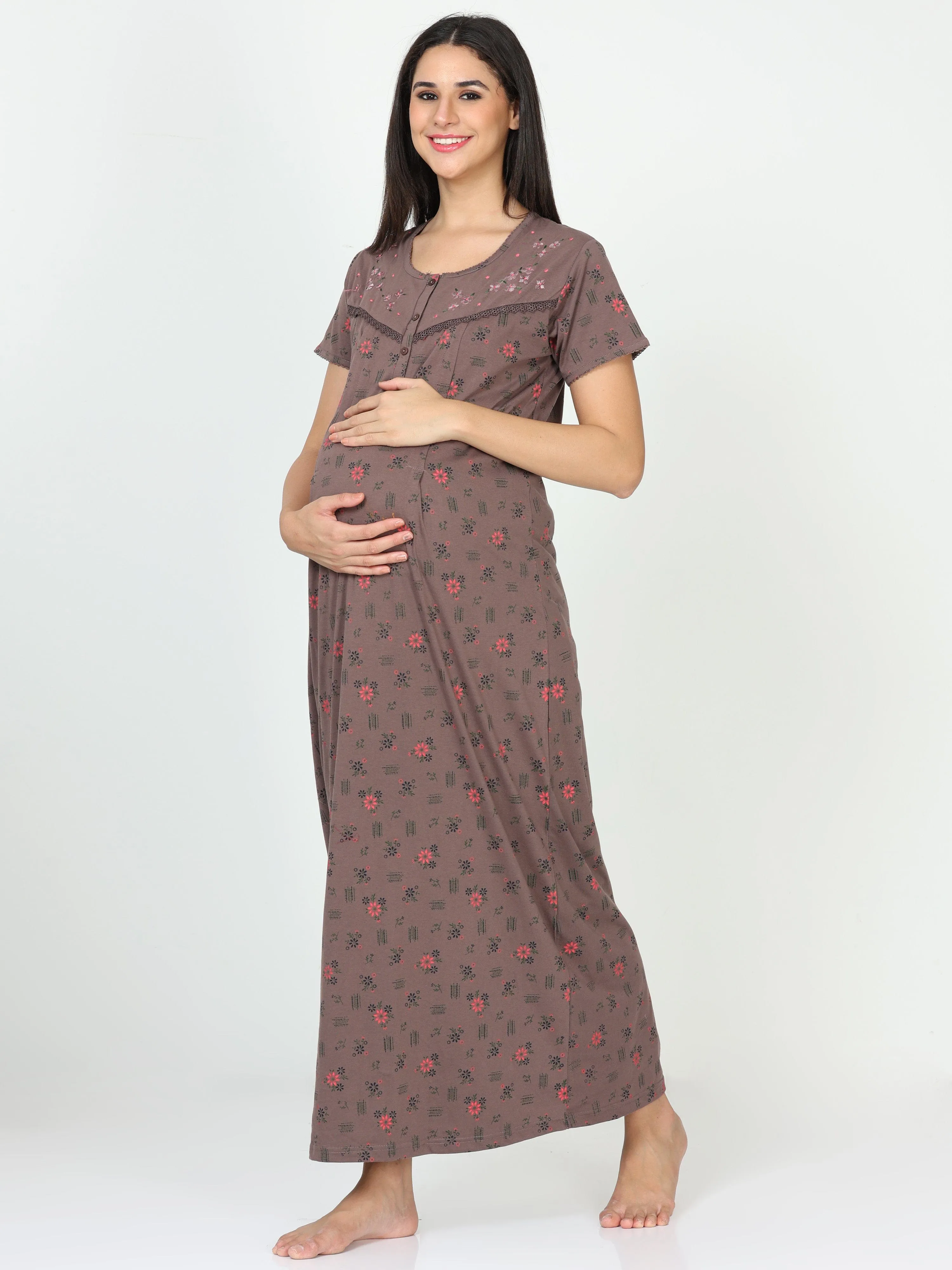 Cotton Blend Maternity Feeding Nighty Copper Grey