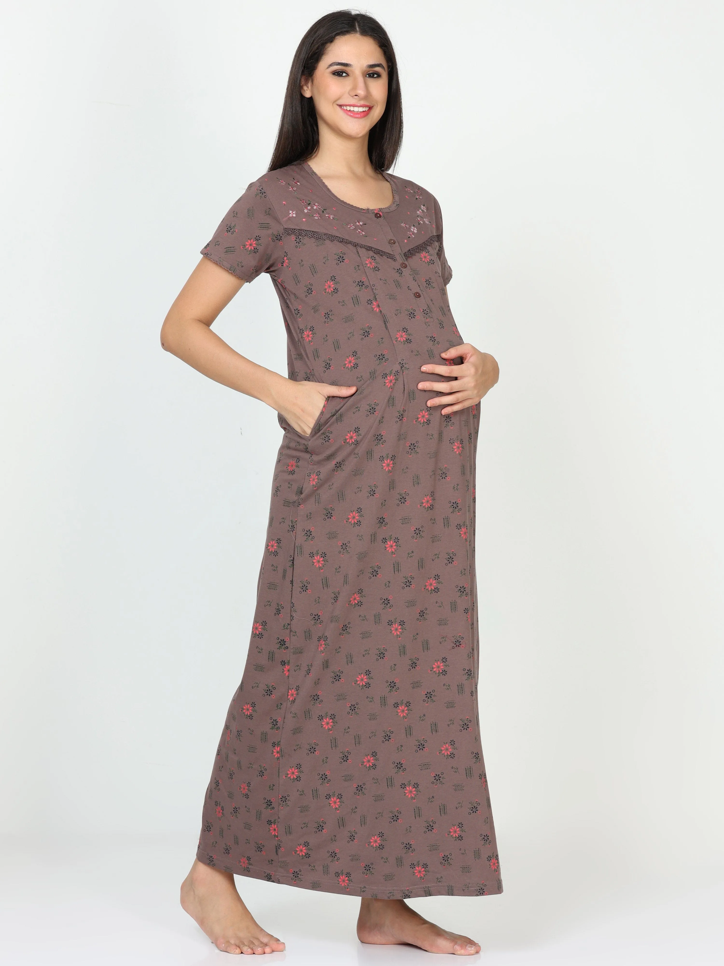 Cotton Blend Maternity Feeding Nighty Copper Grey