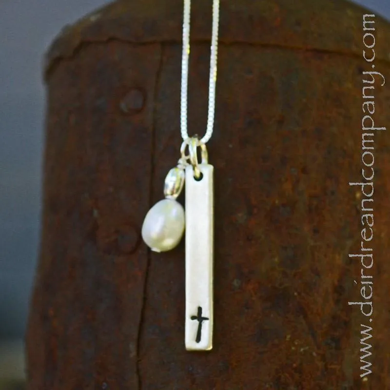 Cross & Pearl Bar Necklace in Silver