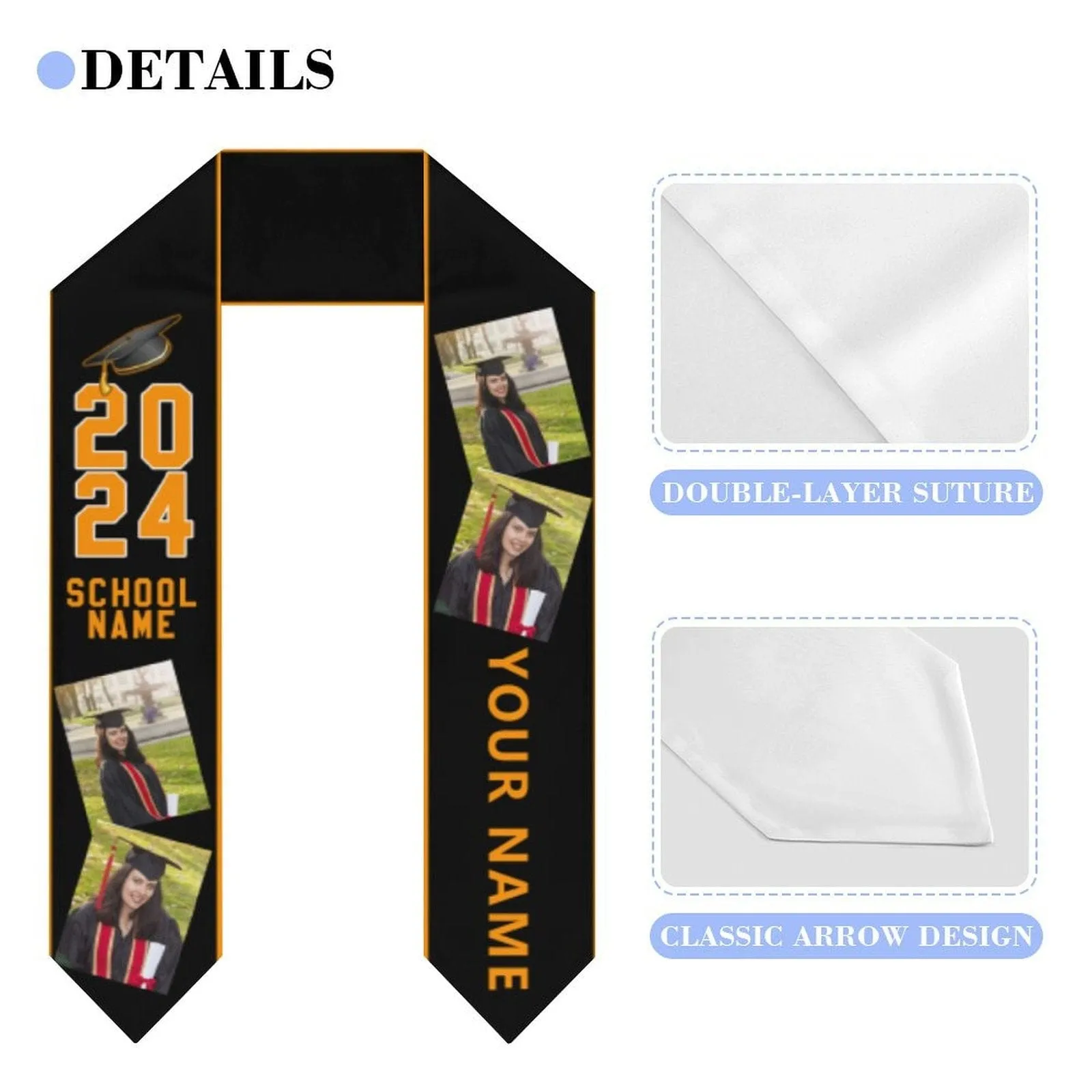 Custom Photo&Name Black Graduation Stoles Sash Class of 2024 Graduation Gift