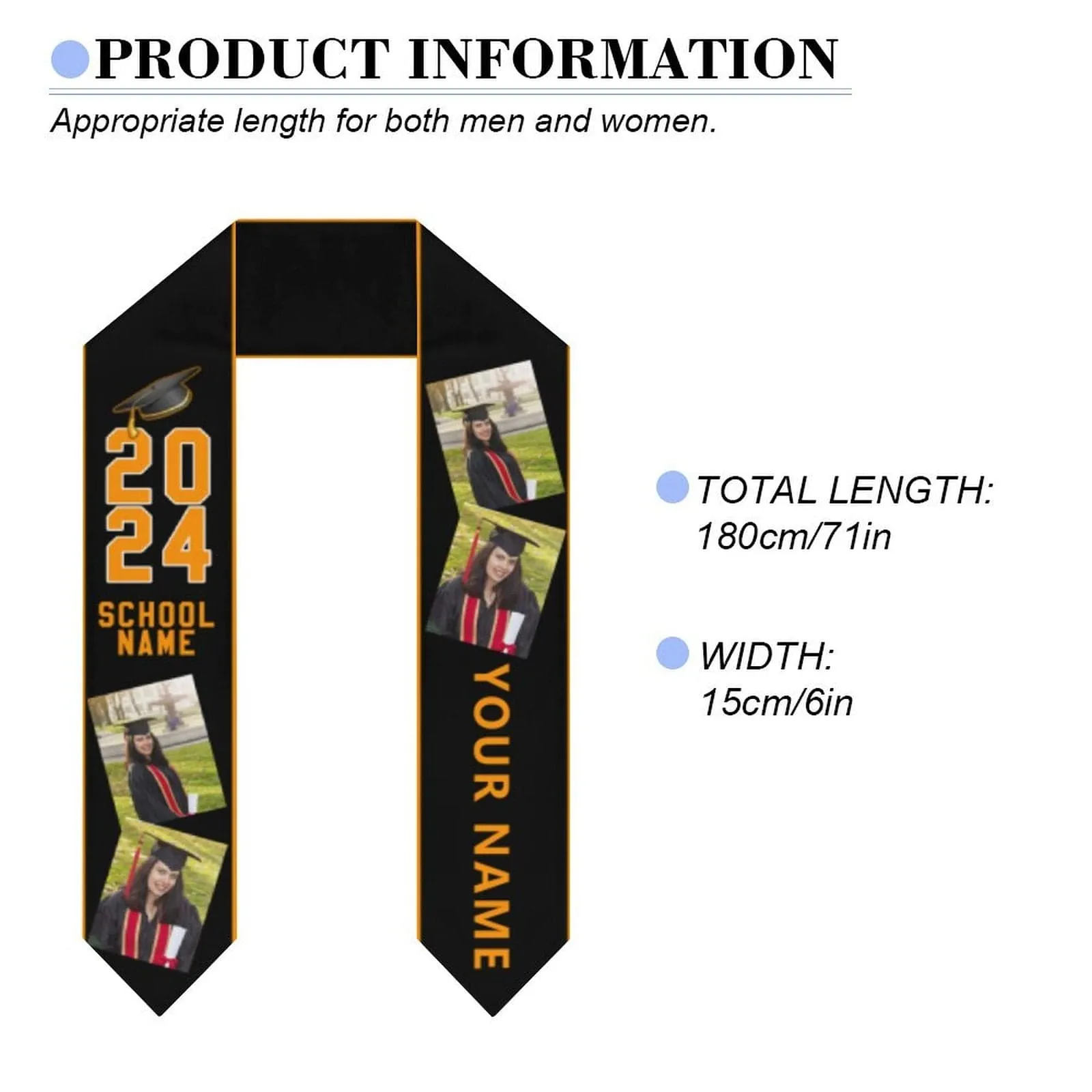 Custom Photo&Name Black Graduation Stoles Sash Class of 2024 Graduation Gift