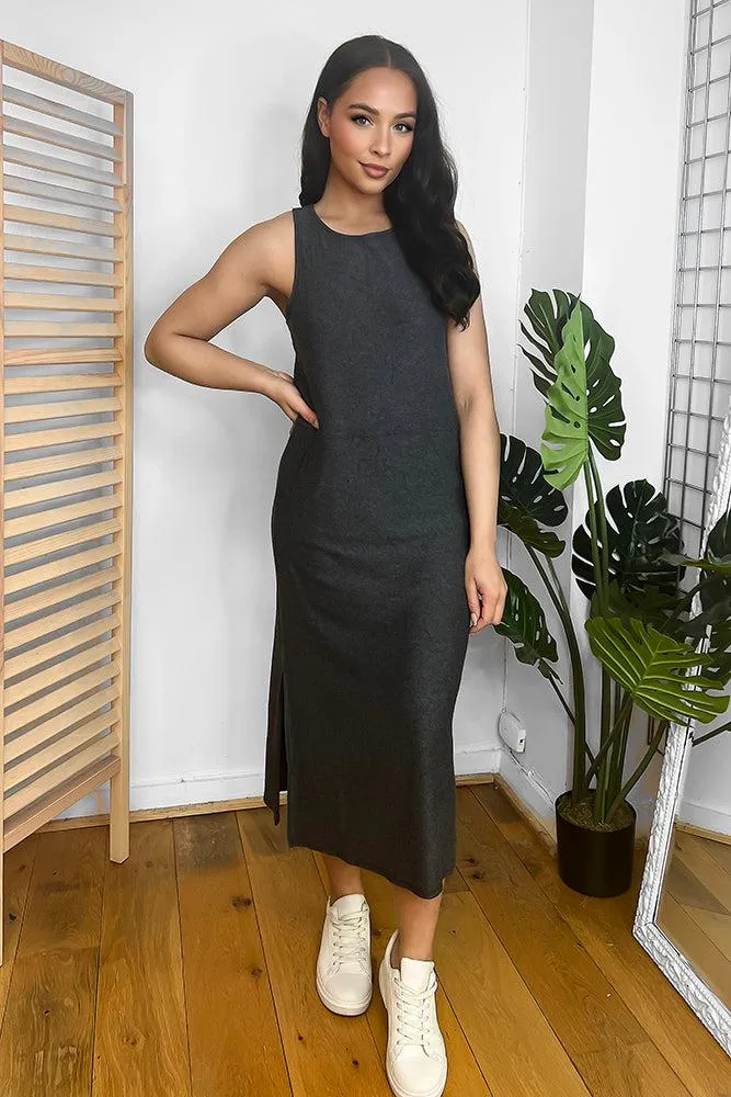 Dark Grey Cotton Blend Sleeveless Side Splits T-Shirt Dress