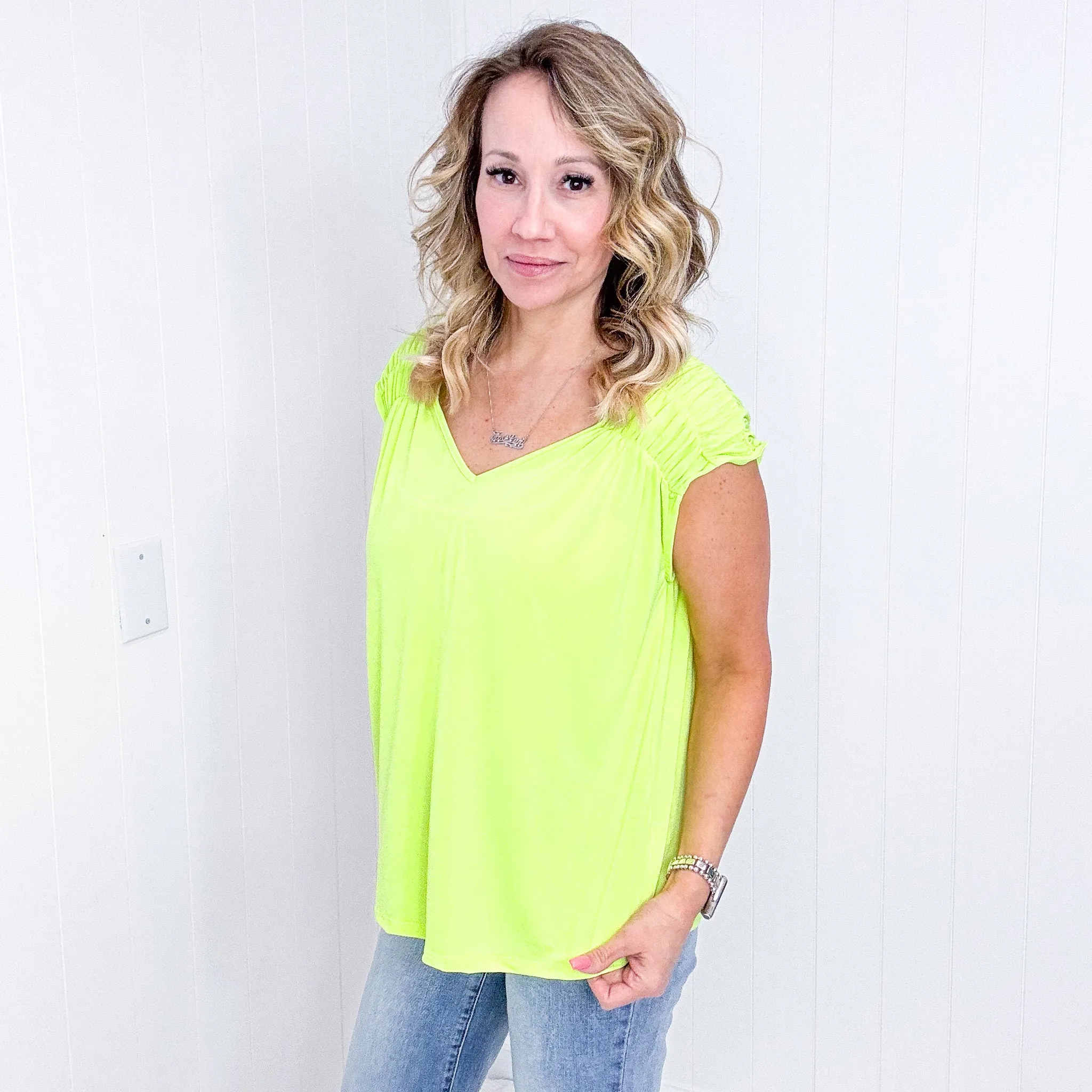 Dear Scarlett Ruched Cap Sleeve Top in Neon Green