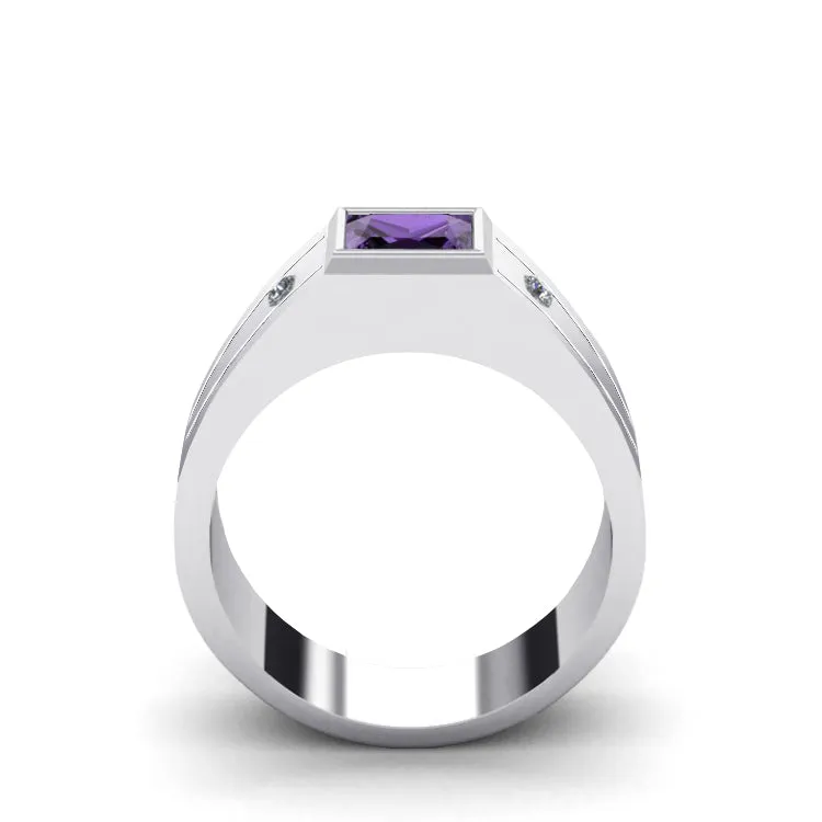 Diamond Signet Ring Solid 14K White Gold and 1.80ct Square Cut Amethyst Aquarius Birthstone Gift