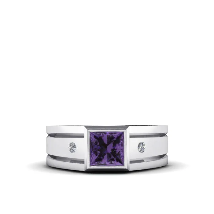 Diamond Signet Ring Solid 14K White Gold and 1.80ct Square Cut Amethyst Aquarius Birthstone Gift