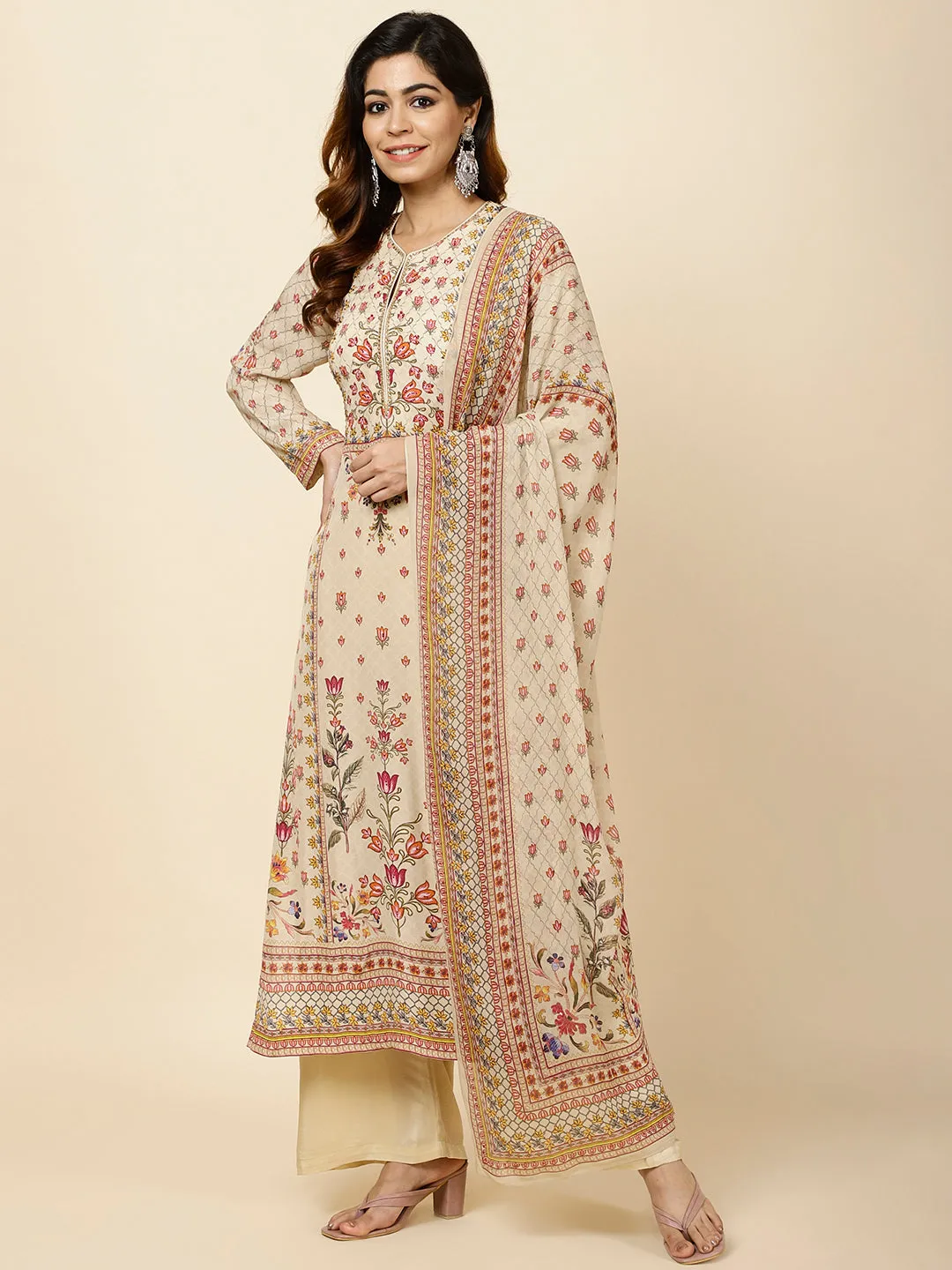 Digital Floral Printed Crepe Kurta With Palazzo & Dupatta