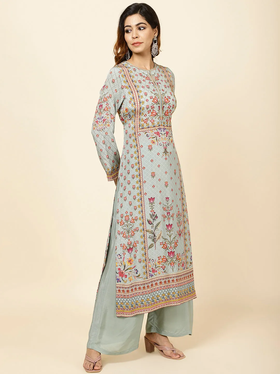 Digital Floral Printed Crepe Kurta With Palazzo & Dupatta