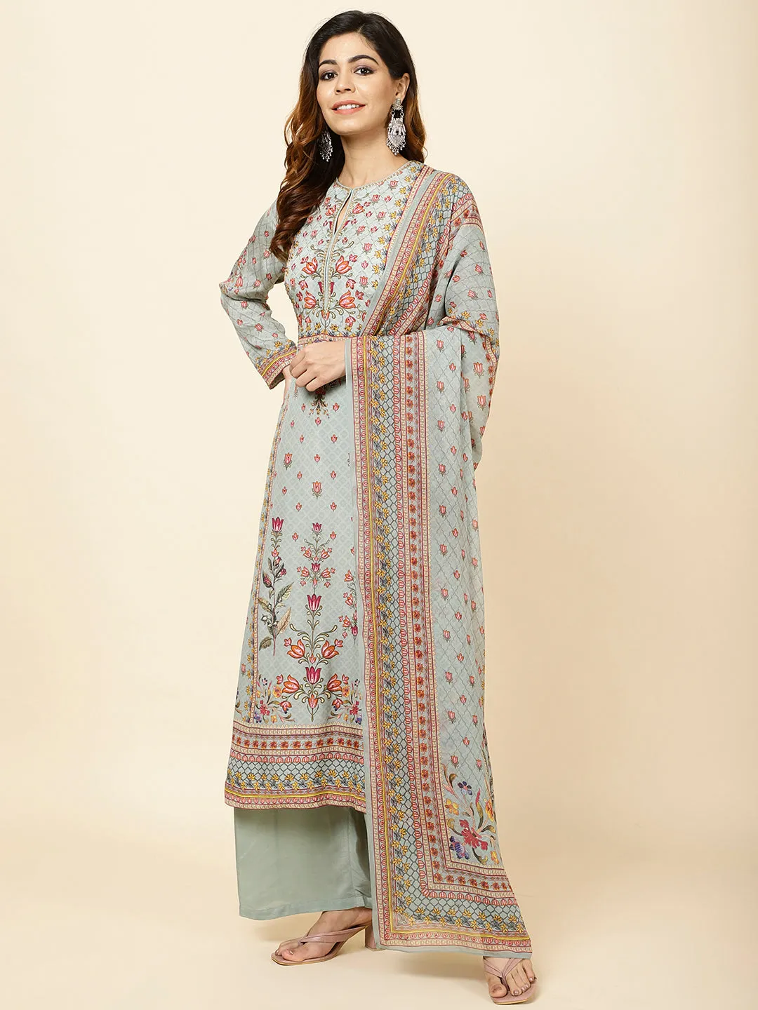 Digital Floral Printed Crepe Kurta With Palazzo & Dupatta