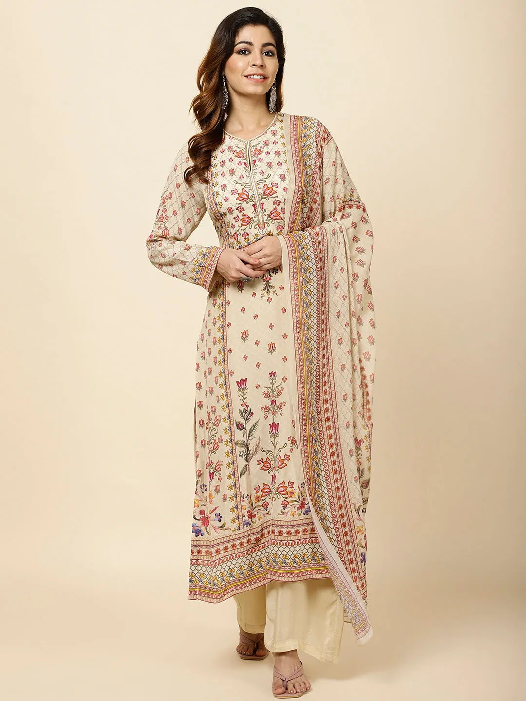 Digital Floral Printed Crepe Kurta With Palazzo & Dupatta