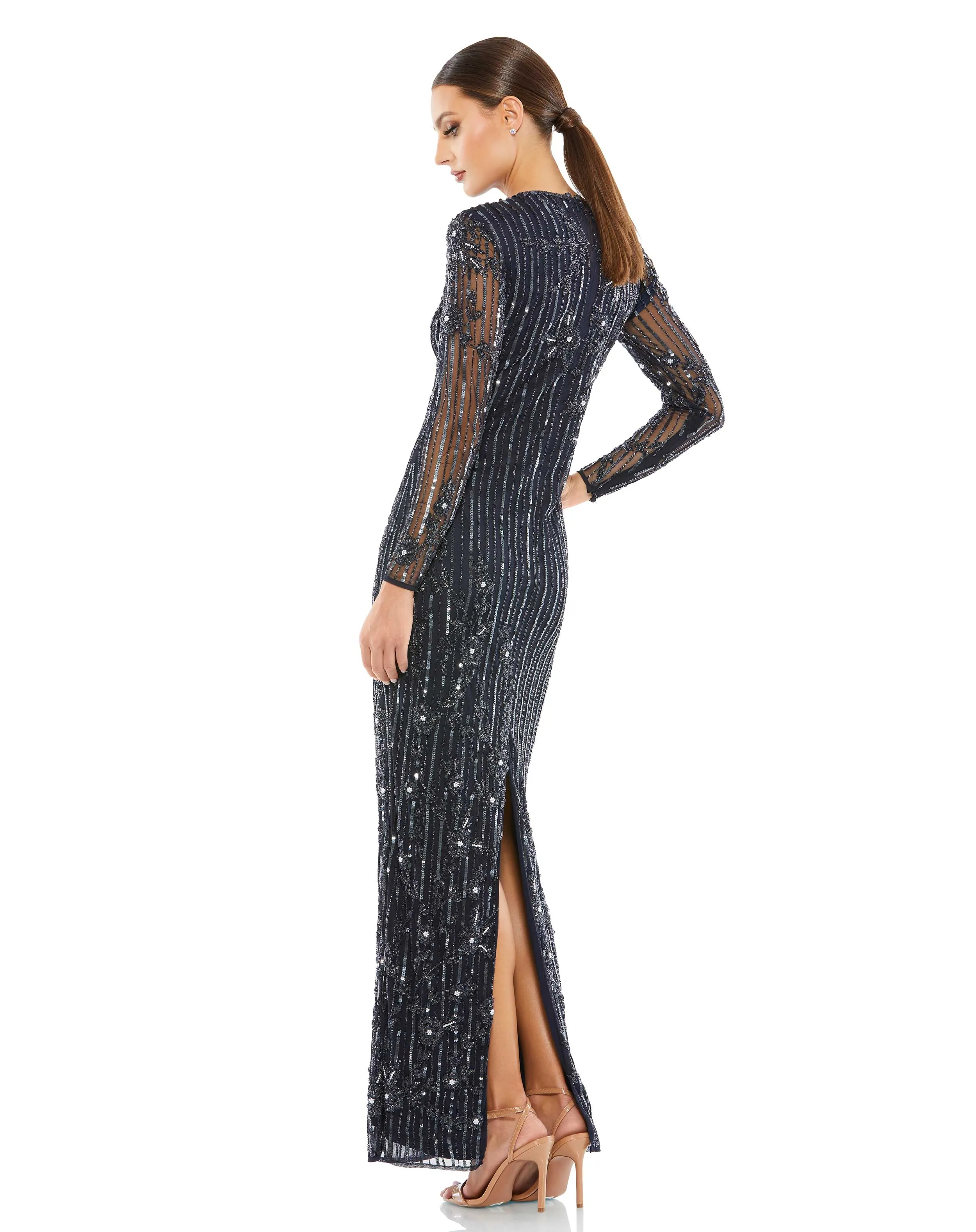 Embellished High Neck Illusion Long Sleeve Gown