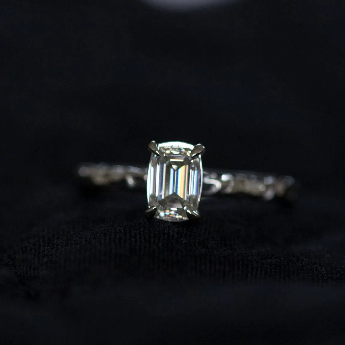 Emerald Cut Moissanite Engagement Ring-  Solitaire Organic Textured Rustic Eco-Friendly Moissanite claw white gold ring by Anueva Jewelry