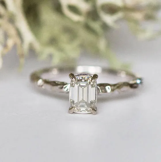 Emerald Cut Moissanite Engagement Ring-  Solitaire Organic Textured Rustic Eco-Friendly Moissanite claw white gold ring by Anueva Jewelry